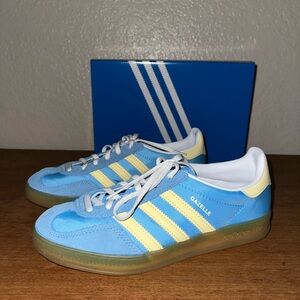 like new blue and yellow Adidas Gazelle indoor trainer sneaker